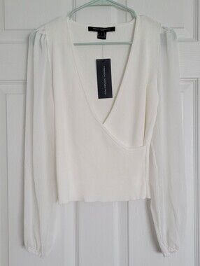 French Connection White Faux Wrap Chiffon Puff Sleeve Sweater Top
